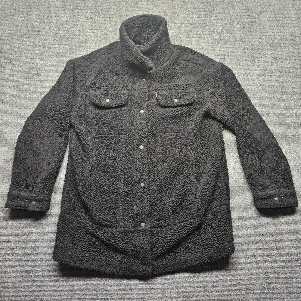 Levis Sherpa Fleece Jacket Black Mock Neck Snap Front LW8RS866 Mens Medium